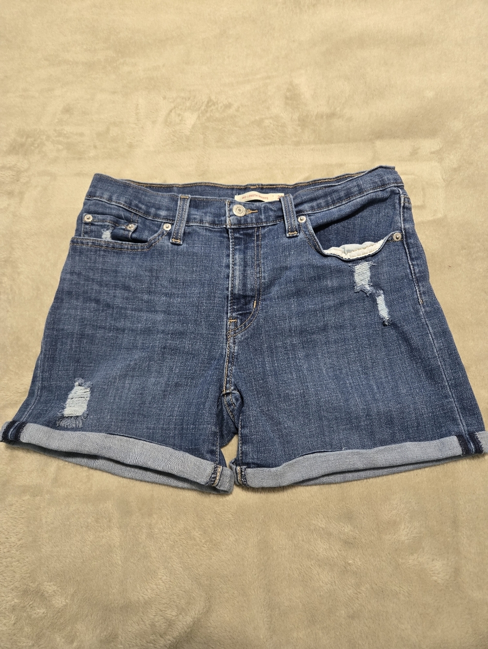 Levis Mid Lenght Rolled Cuff Distressed Denim Shorts Womens Size 28